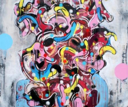 “Candycopia”, 84”x58”, acrylic, latex, spray paint, paint marker, paint fragments, on canvas, 2018